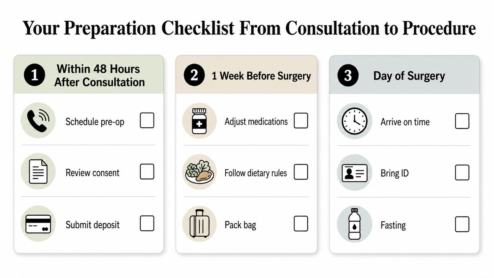 A checklist infographic illustrating the steps to take from consultation to surgery, including scheduling, preparation, and arrival.