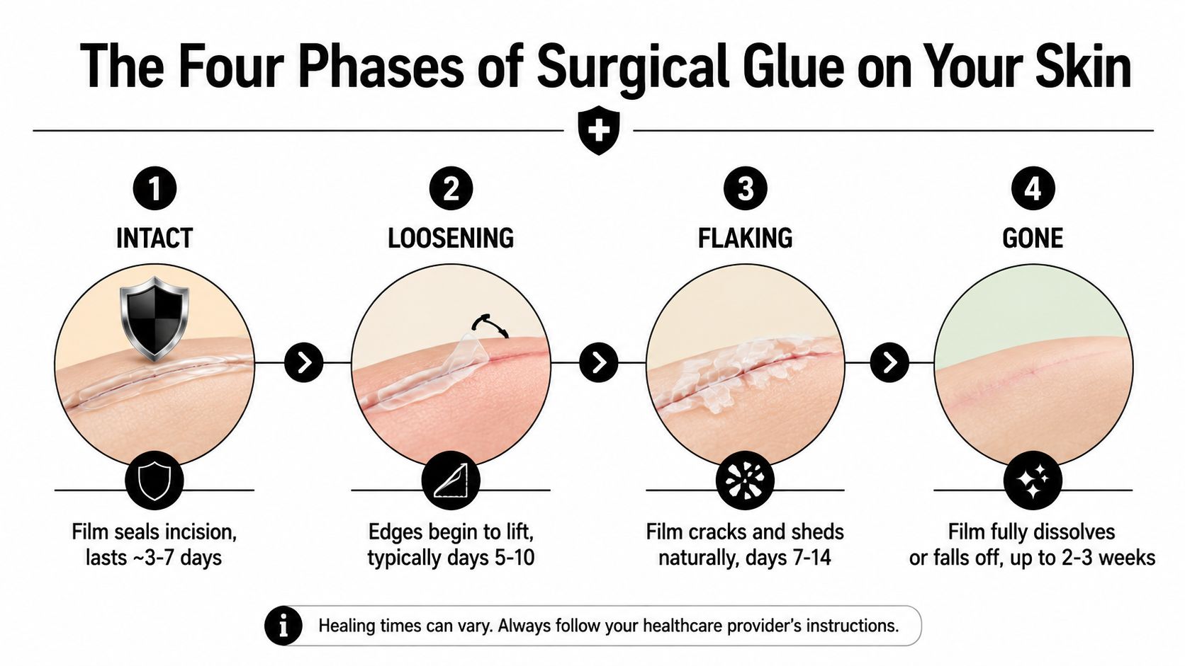An infographic showing the four progressive phases of surgical glue healing on human skin over time.