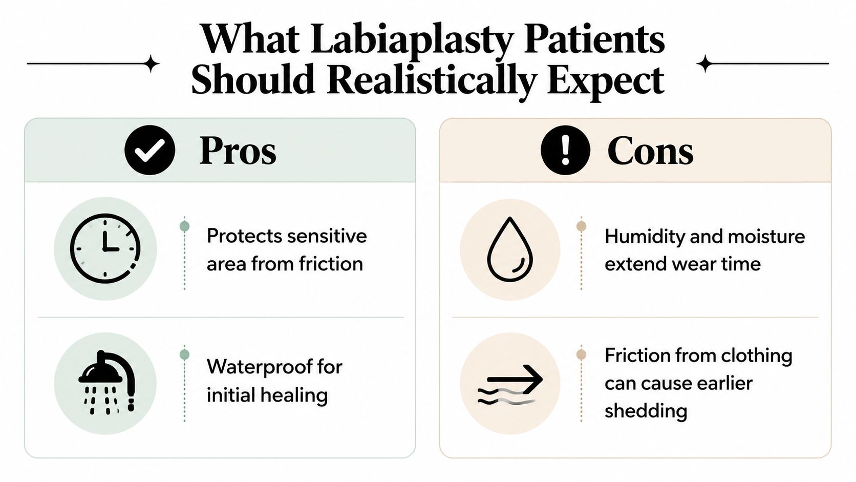 A visual comparison infographic for labiaplasty patients showing the pros and cons of using surgical glue.