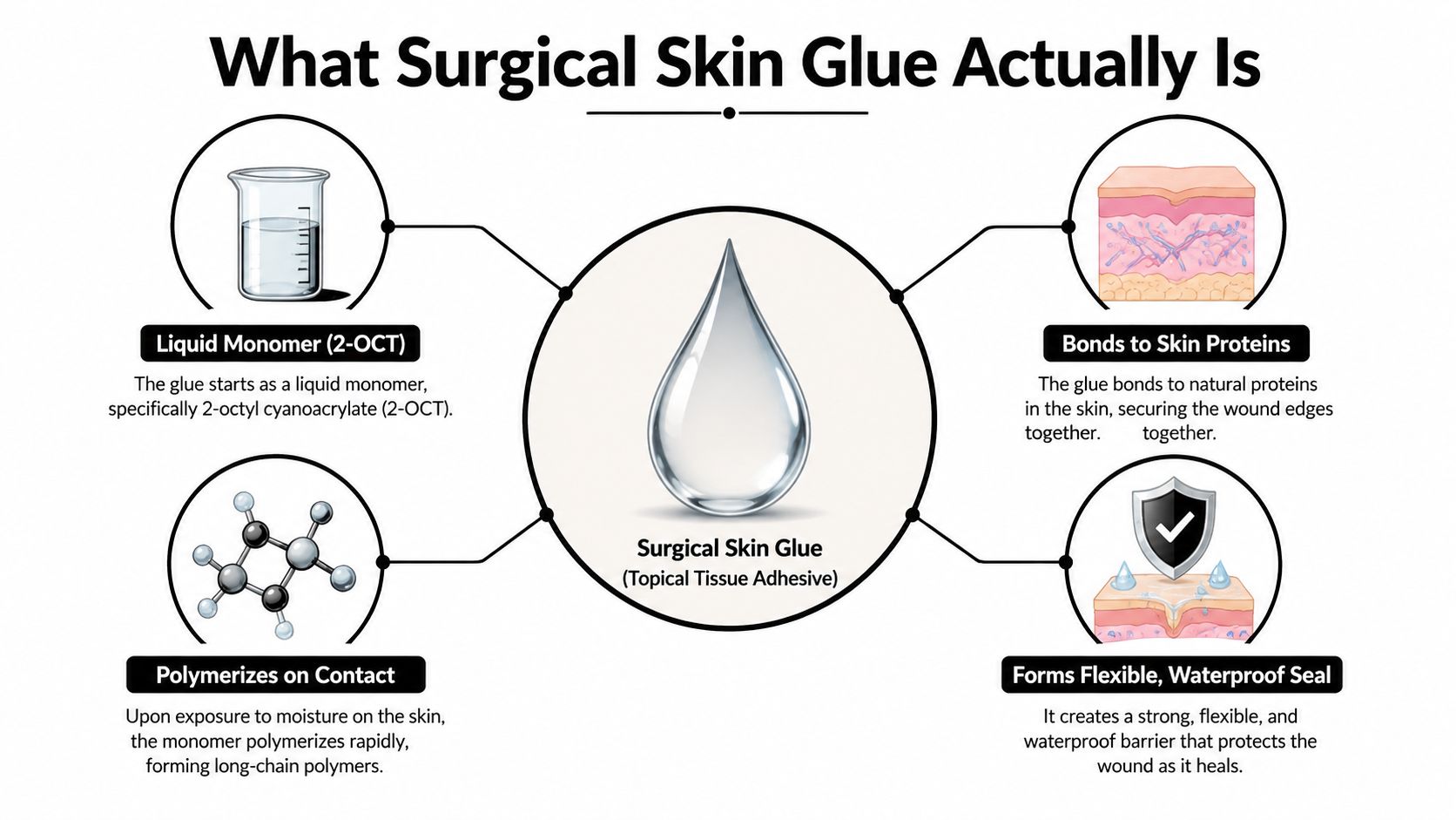 An infographic explaining how surgical skin glue works, showing its composition, polymerization process, and healing benefits.