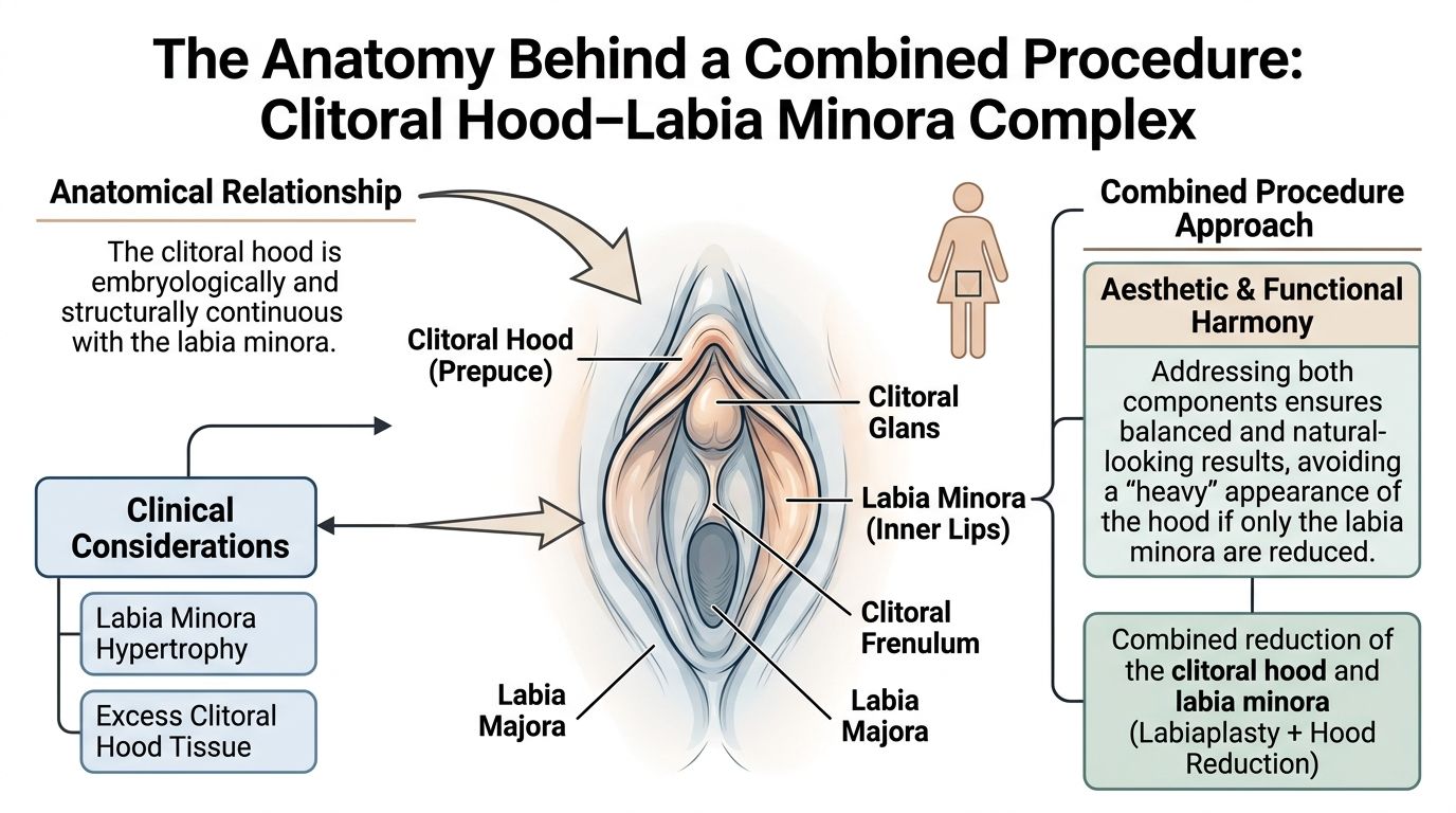 Anatomical diagram illustrating the structures involved in a combined labiaplasty and clitoral hood reduction procedure.