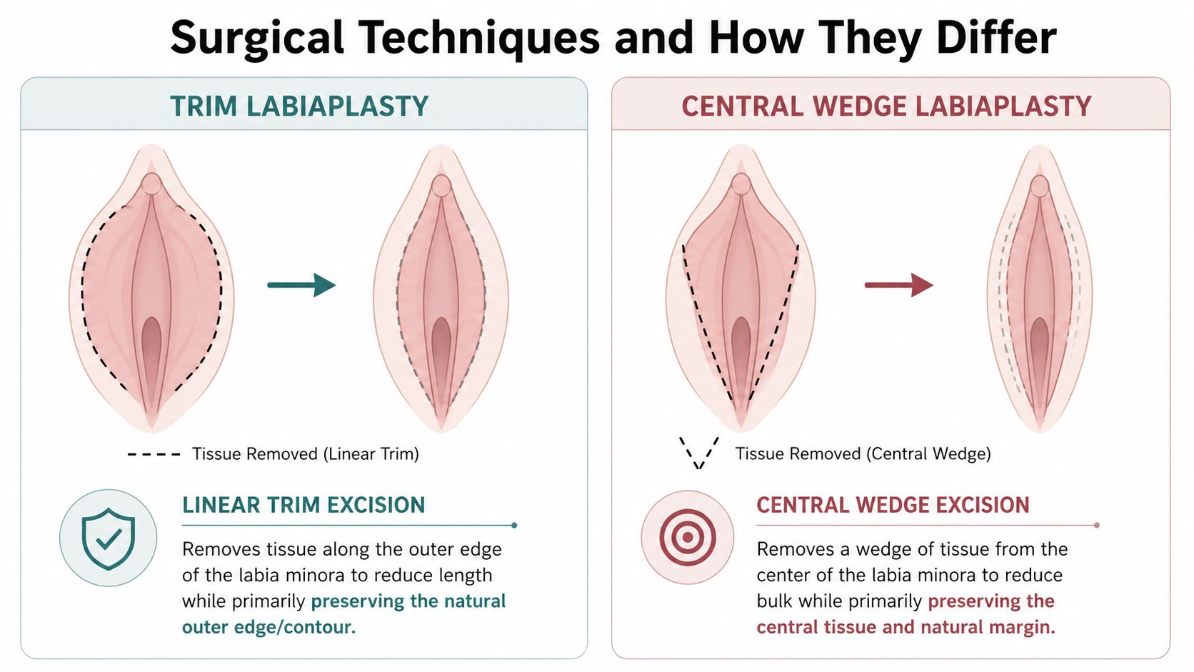 A diagram comparing trim labiaplasty and central wedge labiaplasty surgical techniques with anatomical illustrations and descriptions.