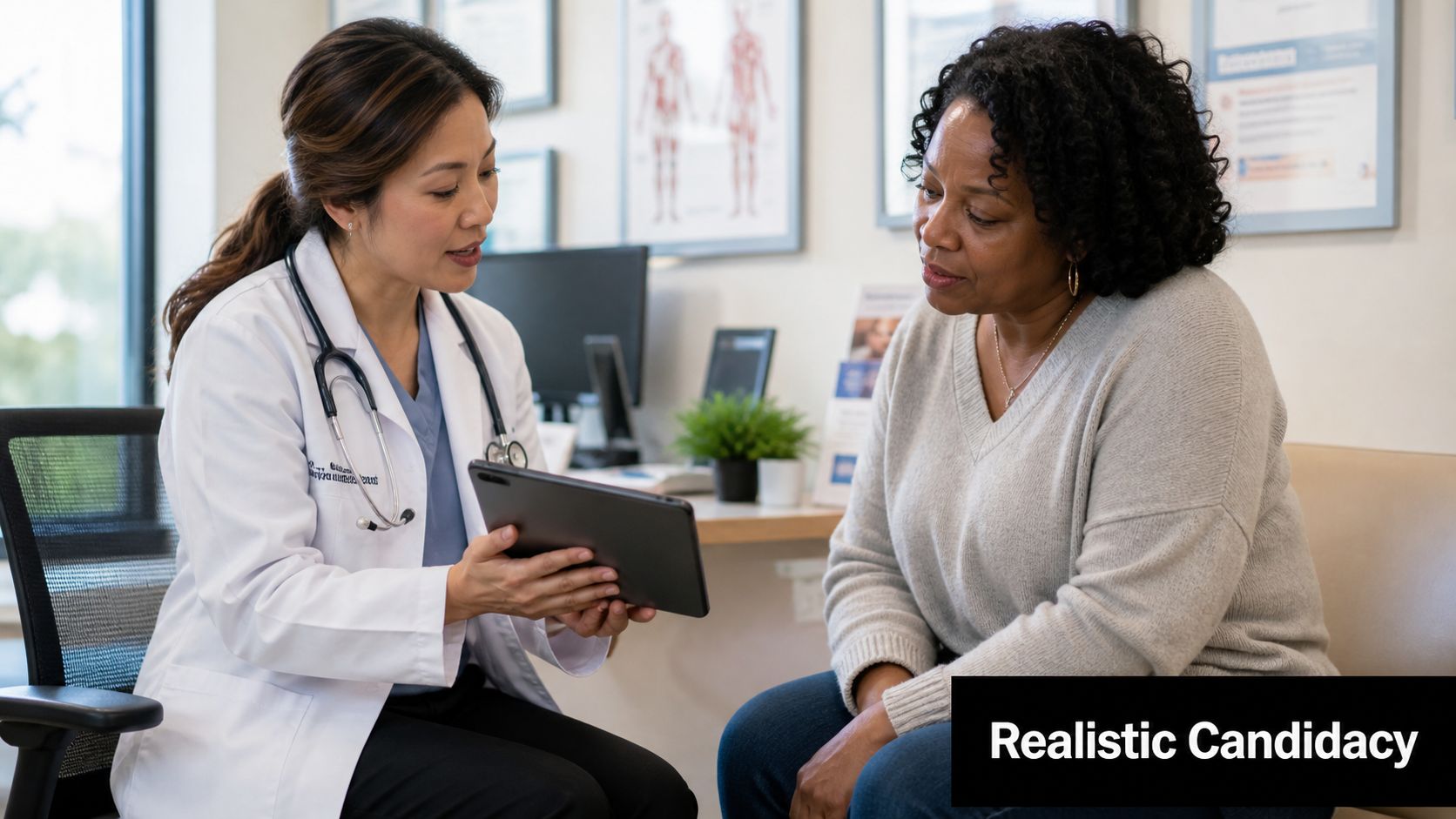 A female doctor with a stethoscope discussing health information on a tablet with her patient.