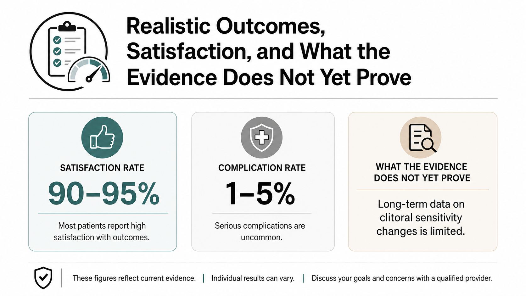 An infographic summarizing satisfaction rates, complication rates, and evidence limitations for labiaplasty with clitoral hood reduction surgery.