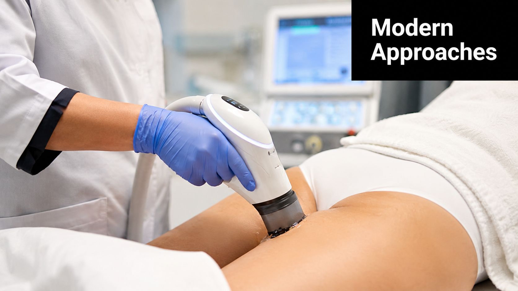 A practitioner in a white coat performing a cosmetic laser procedure on a patient's inner thigh.
