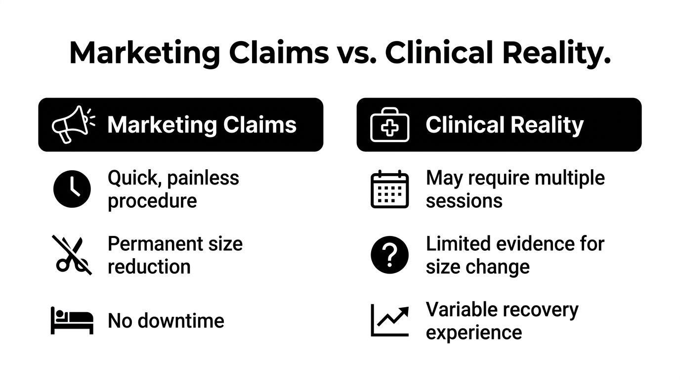 A comparison chart showing the contrast between marketing claims and clinical reality regarding medical procedures.