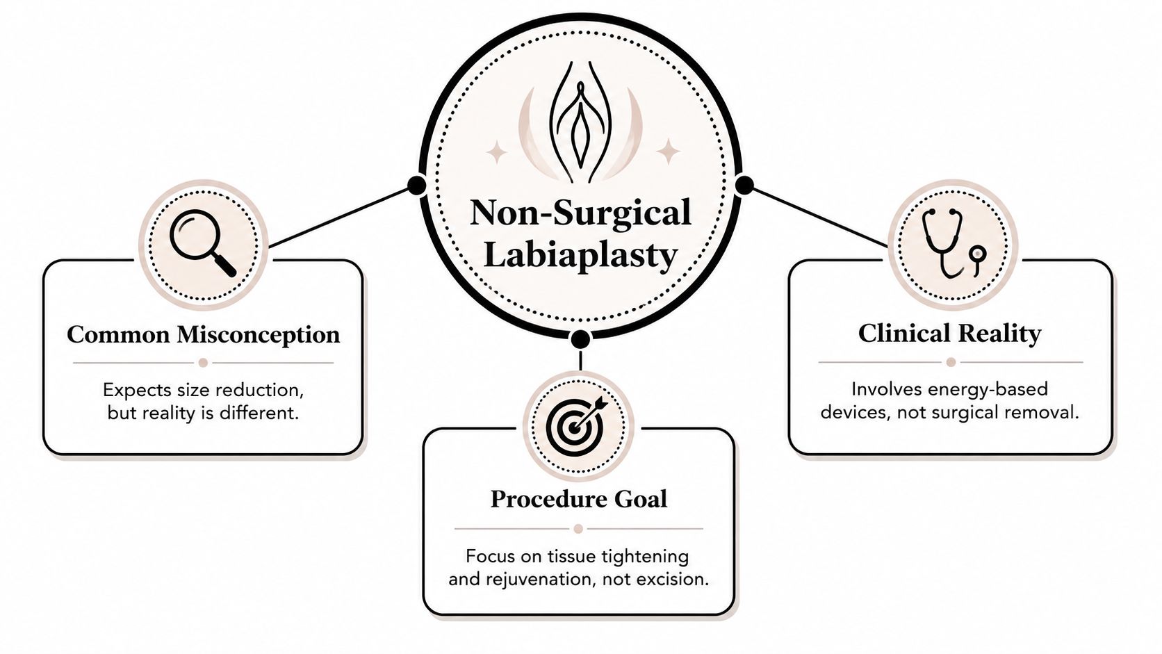 A diagram explaining that non-surgical labiaplasty focuses on tissue tightening rather than surgical size reduction.