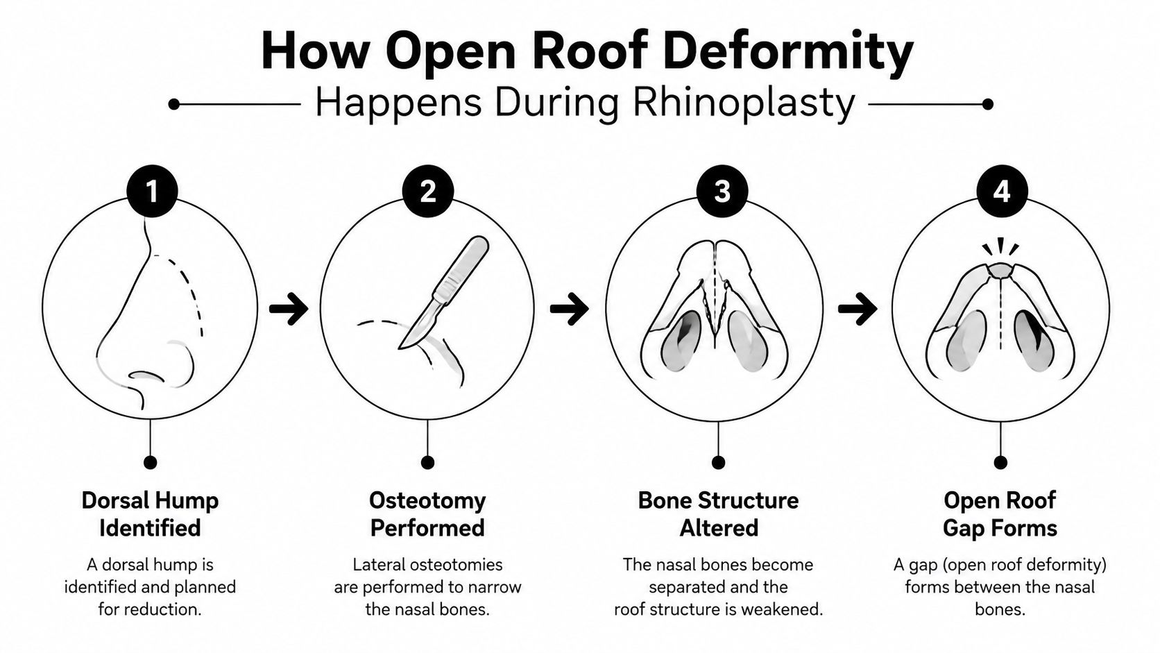 A four-step diagram illustrating the process of how an open roof deformity occurs during rhinoplasty surgery.