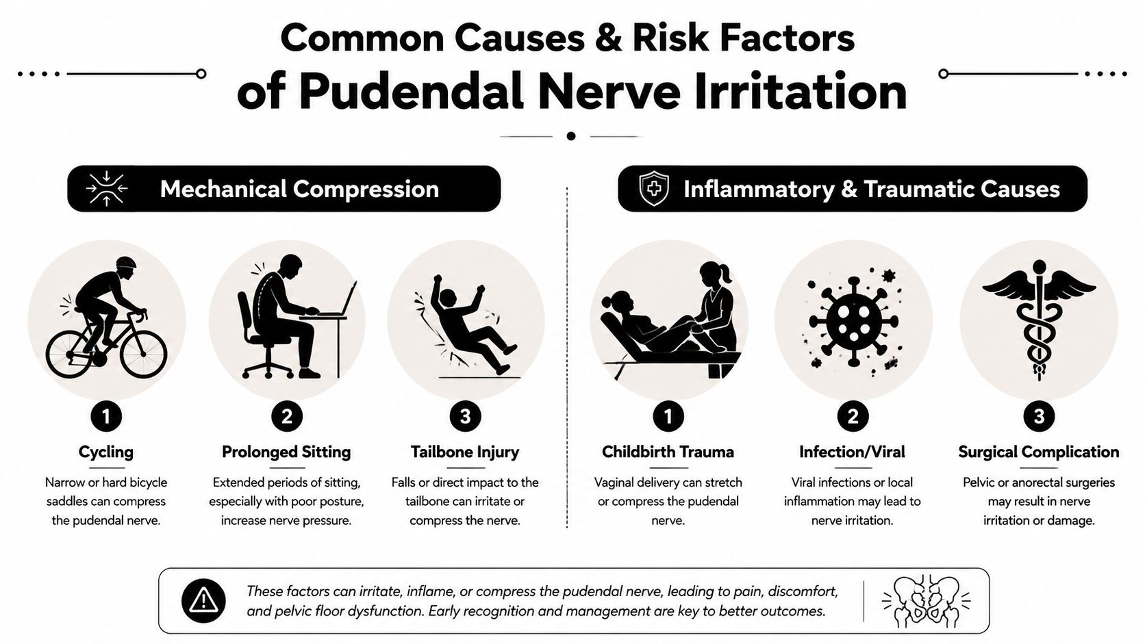 An infographic detailing the common mechanical and inflammatory causes of pudendal nerve irritation, including cycling and surgery.