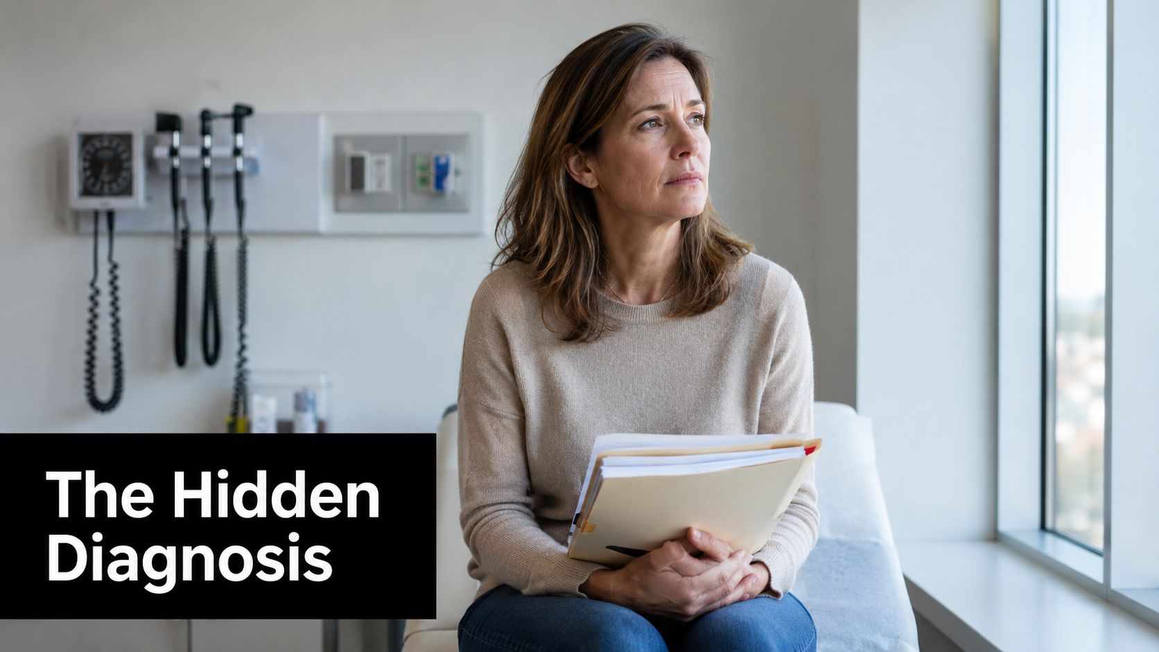 A concerned woman sitting in a clinical exam room holding a folder of medical documents.