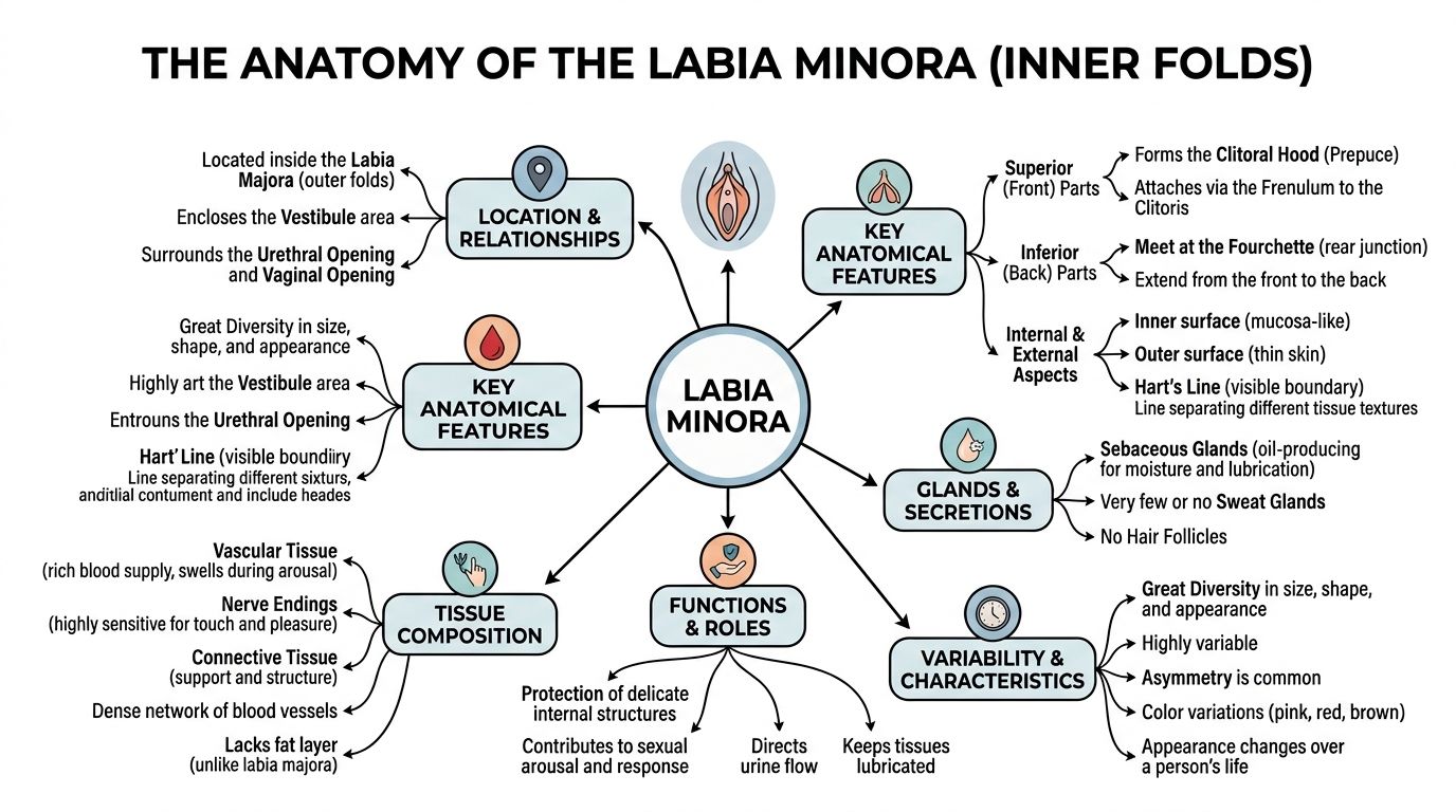 A detailed anatomical infographic illustrating the structure, function, and characteristics of the labia minora.