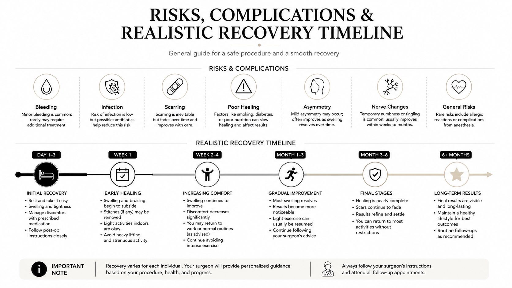 A visual guide outlining potential risks and a recovery timeline for cosmetic surgical procedures to reduce labia minora.