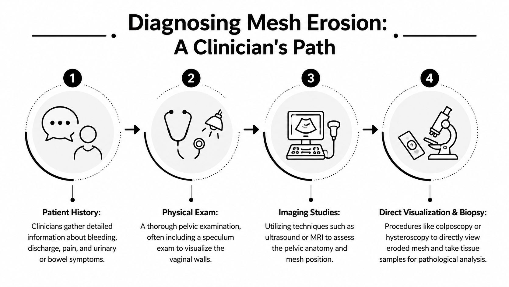 A diagram illustrating the four-step clinical pathway for diagnosing vaginal mesh erosion, starting from patient history to biopsy.
